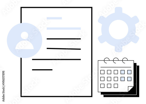 Profile document with user avatar, calendar, and gear icon, representing planning, scheduling, productivity, personal management, content management, business operations flat simple metaphor
