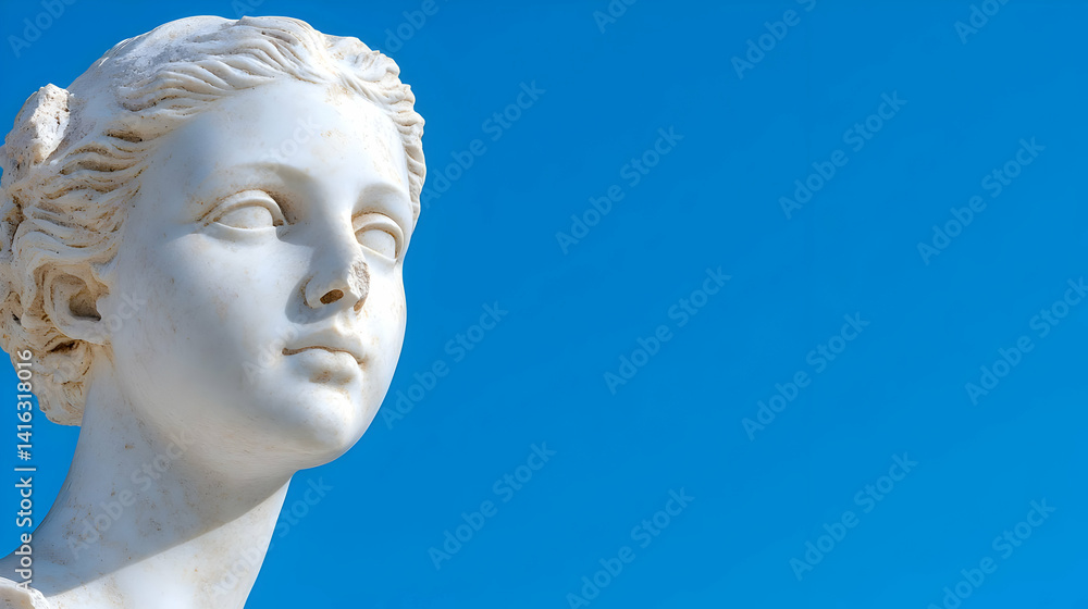 Serene white marble bust against blue sky classical art sculpture image Serene white marble bust against blue sky classical art sculpture image