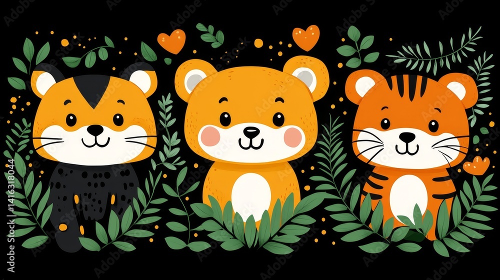 Naklejka premium Delightful pixelated animal trio radiating joy amid lush foliage a charming pixel art composition evoking playful warmth and whimsical charm suitable for kids