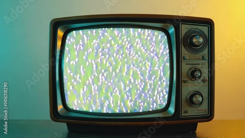 Vintage Television with Static Glitch and Green Yellow Background, Not Working