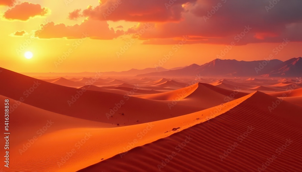 Fototapeta premium Fiery orange hues paint vast dunes, distant mountains silhouetted , horizon, desert sunset, background