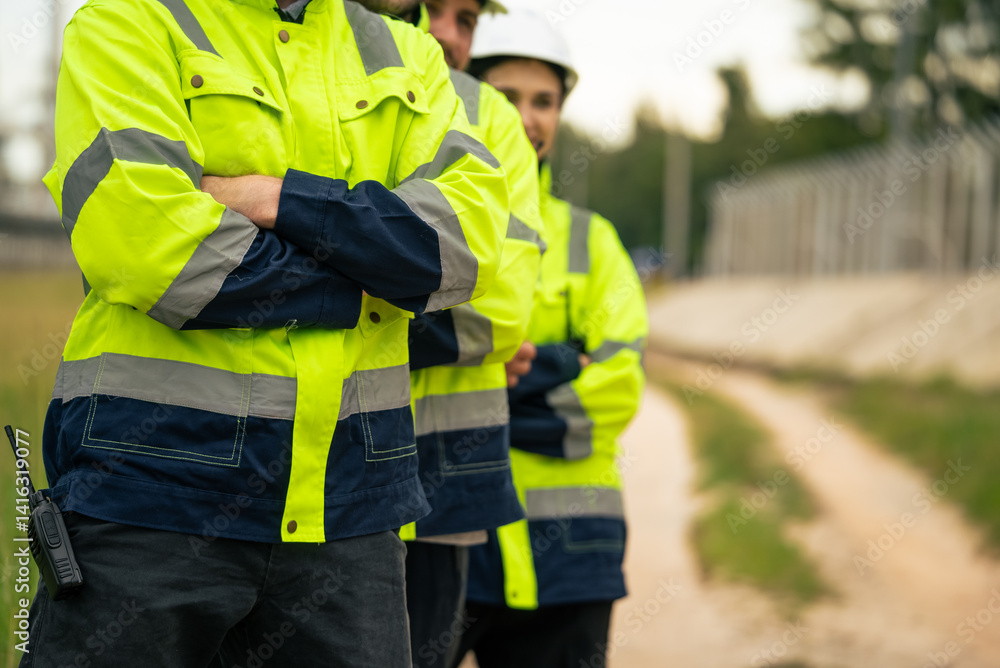 Banner background of engineer in arms crossed standing in a row standing at construction site Banner background of engineer in arms crossed standing in a row standing at construction site