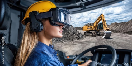 Woman using virtual reality headset in construction vehicle, observing excavator in action