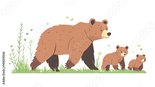 Cute brown bear family walking in meadow