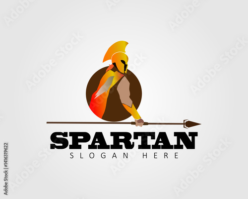 Spartan logo design, with the concept of a knight standing proudly with his spear