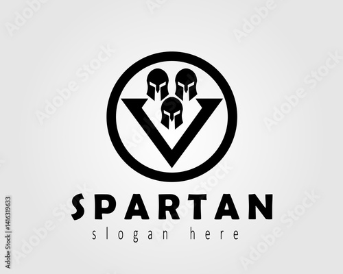 spartan logo design, with the concept of three helmets and the spartan v shield symbol