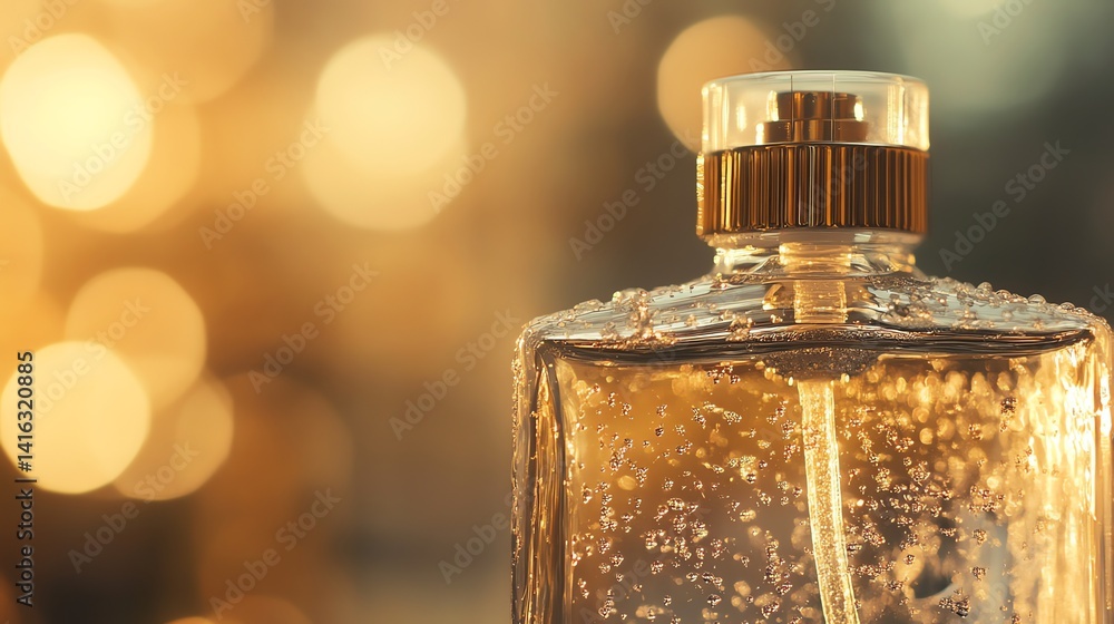 Elegant Perfume Bottle with Golden Accents and Sparkling Light Background Elegant Perfume Bottle with Golden Accents and Sparkling Light Background