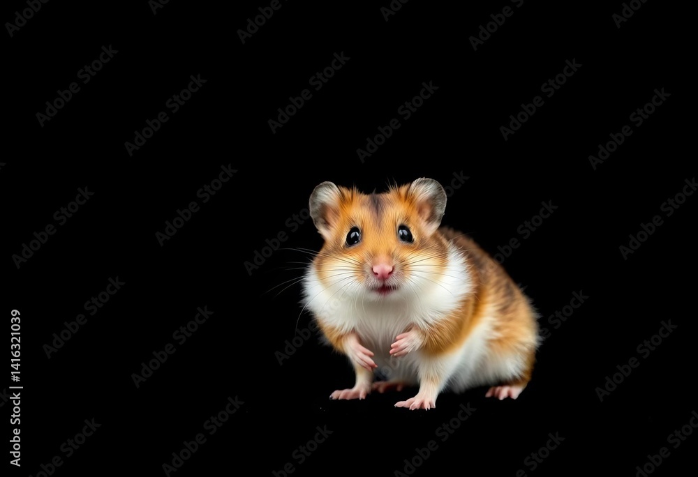 Small hamster posed against a pure black backdrop, fur, whiskers Small hamster posed against a pure black backdrop, fur, whiskers