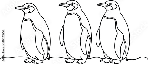 Black Line Art of Three Emperor Penguins Standing on Ground with a White Backdrop