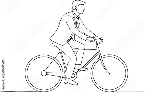 Line art drawing of a Caucasian businessman riding a bicycle in formal attire