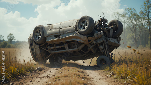 Big SUV car after rollover on the roof in nature. Car crash in agricultural field. Accident on a dusty rural road. Isolated, deformed crashed overturned upside-down vehicle.