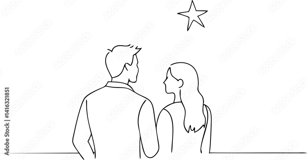Fototapeta premium Minimalist Line Art Couple Gazing at a Star, Black and White Drawing, Abstract People