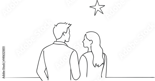 Minimalist Line Art Couple Gazing at a Star, Black and White Drawing, Abstract People