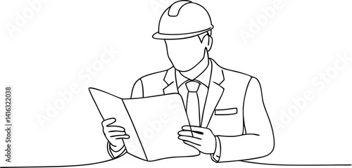 Outline Drawing Asian Architect in Hard Hat Reviewing Document, Wearing Suit, Tie