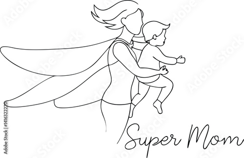 Supermom continuous one line art Woman with Cape Holding Baby, OneLine Art, Minimalist Drawing