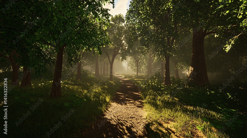 Obraz premium Sunlit Forest Trail: Serene Pathway Through Lush Green Woodland Scene