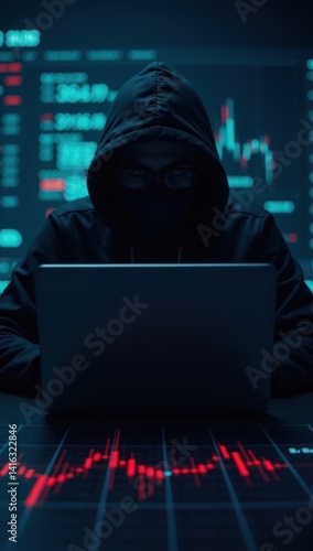 Shadow Trader Analyzing Volatile Markets - Financial Risk Concept. Ideal for financial news websites, investment risk advertisements, cryptocurrency trading platforms, business analysis graphics