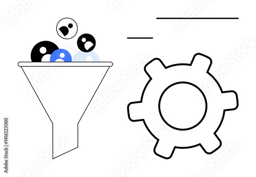 Funnel collecting diverse inputs processed into an adjacent gear for operations refinement. Ideal for data flow, business automation, workflow management, process efficiency, organization