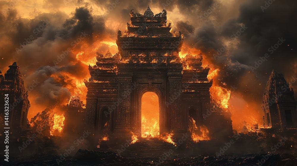 Fototapeta premium A striking temple engulfed in flames against a dark, smoky backdrop creates a dramatic atmosphere. Perfect for captivating visuals and storytelling.