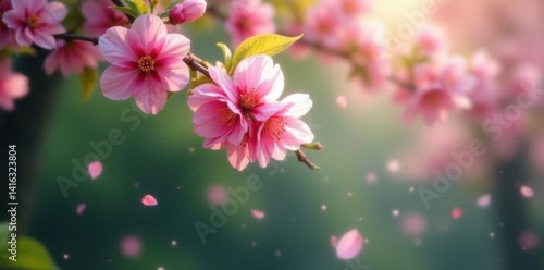 delicate pink sakura petals drifting downwards amidst lush green foliage, nature, gentle fall, sakura