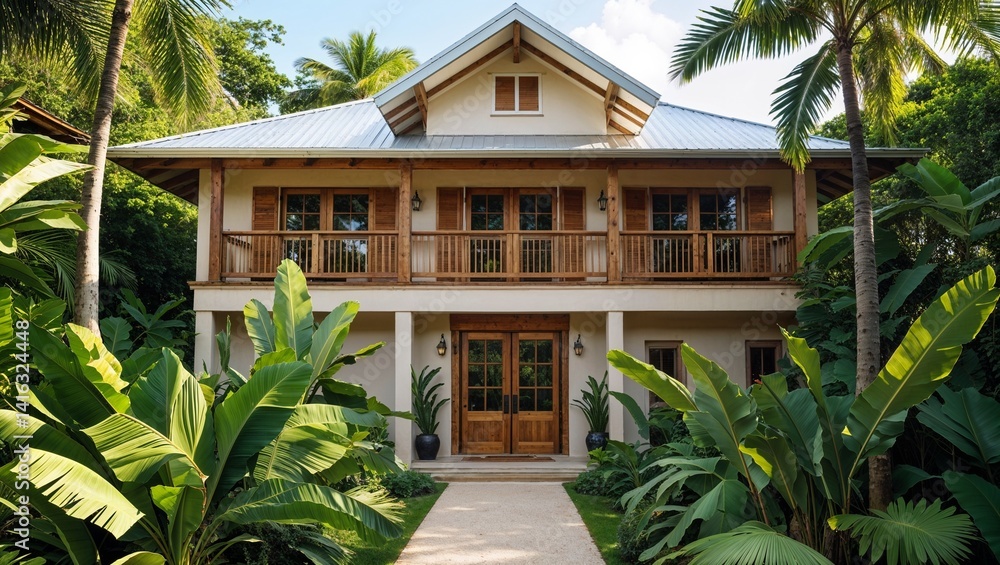 Fototapeta premium a tropical-style, two-story house surrounded by lush greenery. The house features a light beige exterior with a metal gabled roof and wooden shutters on the upper windows. 