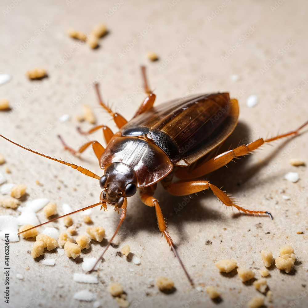 Close-up of a cockroach on a kitchen floor surrounded by crumbs, highlighting pest infestation and cleanliness issues in a home environment. Close-up of a cockroach on a kitchen floor surrounded by crumbs, highlighting pest infestation and cleanliness issues in a home environment.
