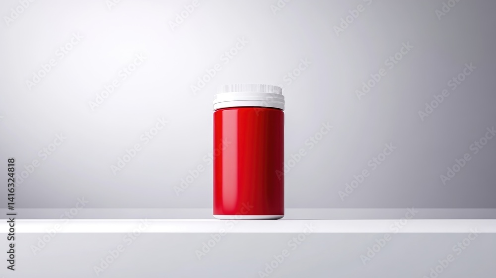 Red cylindrical container with white cap Red cylindrical container with white cap