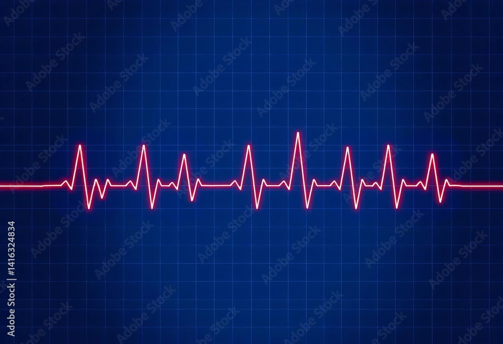 Stylized electrocardiogram tracing on dark blue grid background, data, diagnostic Stylized electrocardiogram tracing on dark blue grid background, data, diagnostic