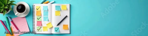 Colorful notebook with checkmarks & sticky notes, coffee & pens on blue backdrop , creative, productivity