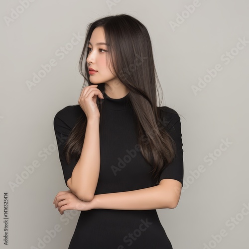 Confident Asian Woman in Black Turtleneck Looking to the Side on Neutral Background