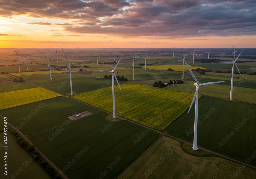 Obraz premium Green energy helps reduce carbon emissions and makes earth cleaner ecological. Aerial view, wind turbines, agricultural fields, patchwork landscape, Windmill turbines generating green energy electric.
