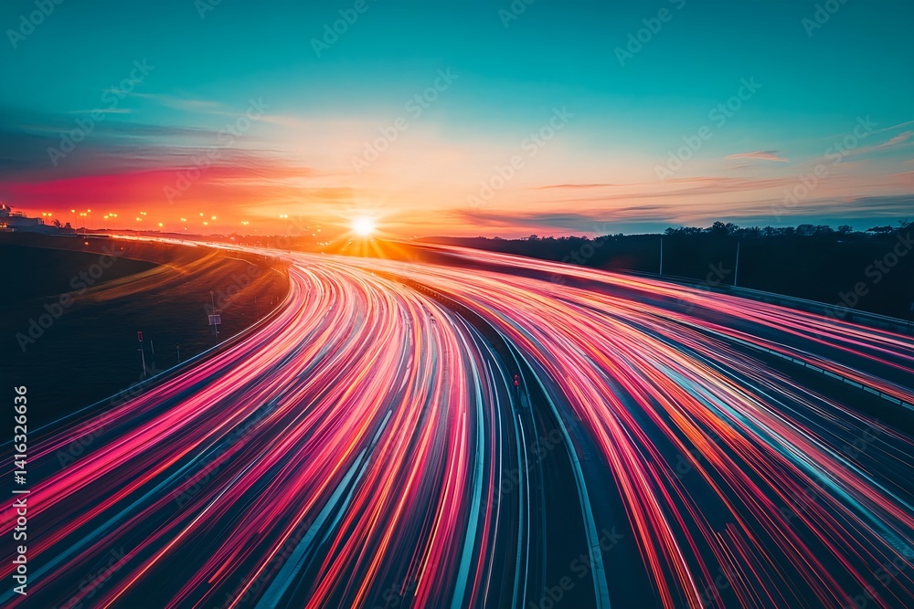 Vibrant sunset highway art motion blur colorful light trails Vibrant sunset highway art motion blur colorful light trails