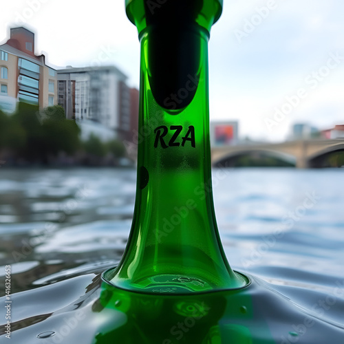 Green glass bottle floating in a river, bottleneck seen over water surface.