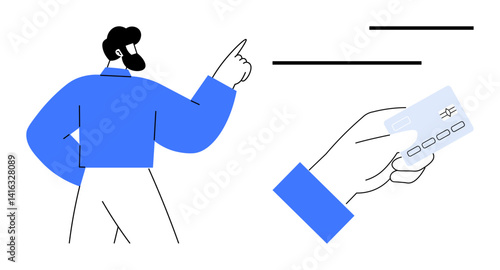 A man gestures upward while another hand holds a credit card. Ideal for business, payment, financial services, customer interaction, e-commerce, shopping, or credit card usage metaphors with flat