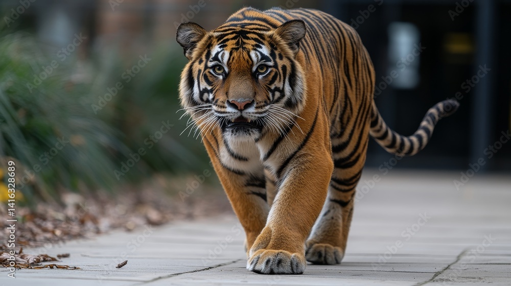 Fototapeta premium MajesticSumatranTigerProwlingFiercelyIntotheLensShowingItsMagnificentStripesandPowerMovingWithGracefulnessandStrengthinaNaturalisticSetting