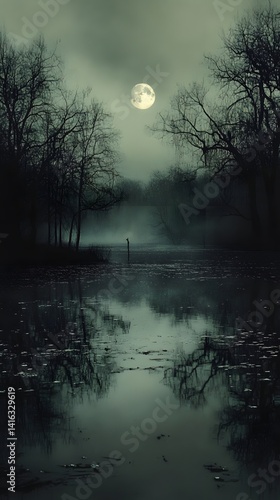 Foggy swamp moonlit scene with solitary figure