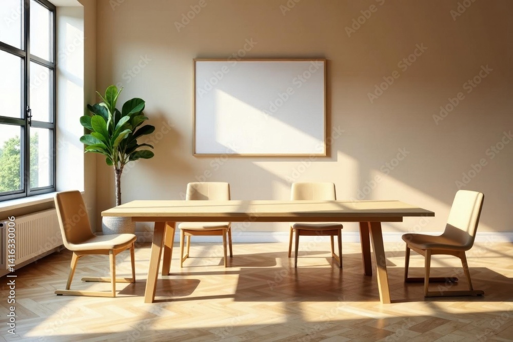 Large wooden table, simple chairs, bright room , space, meeting, desk Large wooden table, simple chairs, bright room , space, meeting, desk