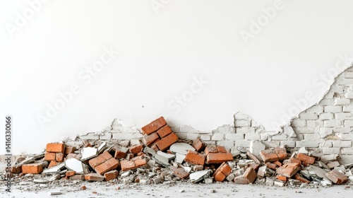 Broken bricks rubble pile against white wall construction demolition remains damaged brickwork debris scattered on floor architectural destruction renovation concept 