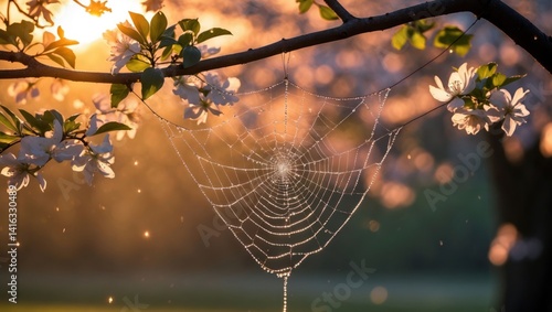 Spiderweb Covered in Dew Hanging Among Blossoms During Golden Hour