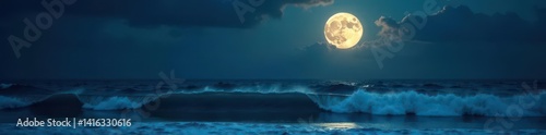 Dark sky, glowing full moon, reflecting on dramatic ocean waves at night , mysterious, nature