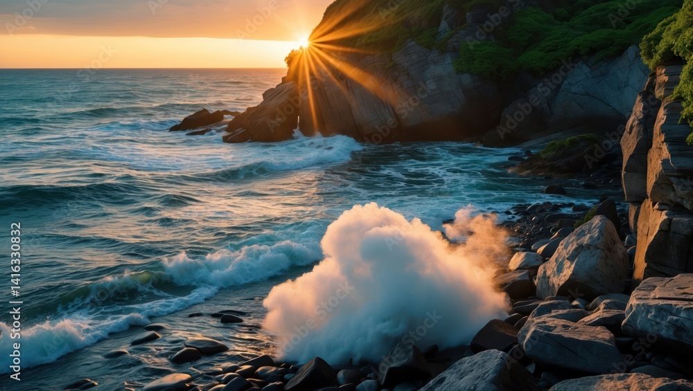 Fototapeta premium Coastal Scene at Sunset Waves Crashing Against Rocky Shoreline with Sunrays