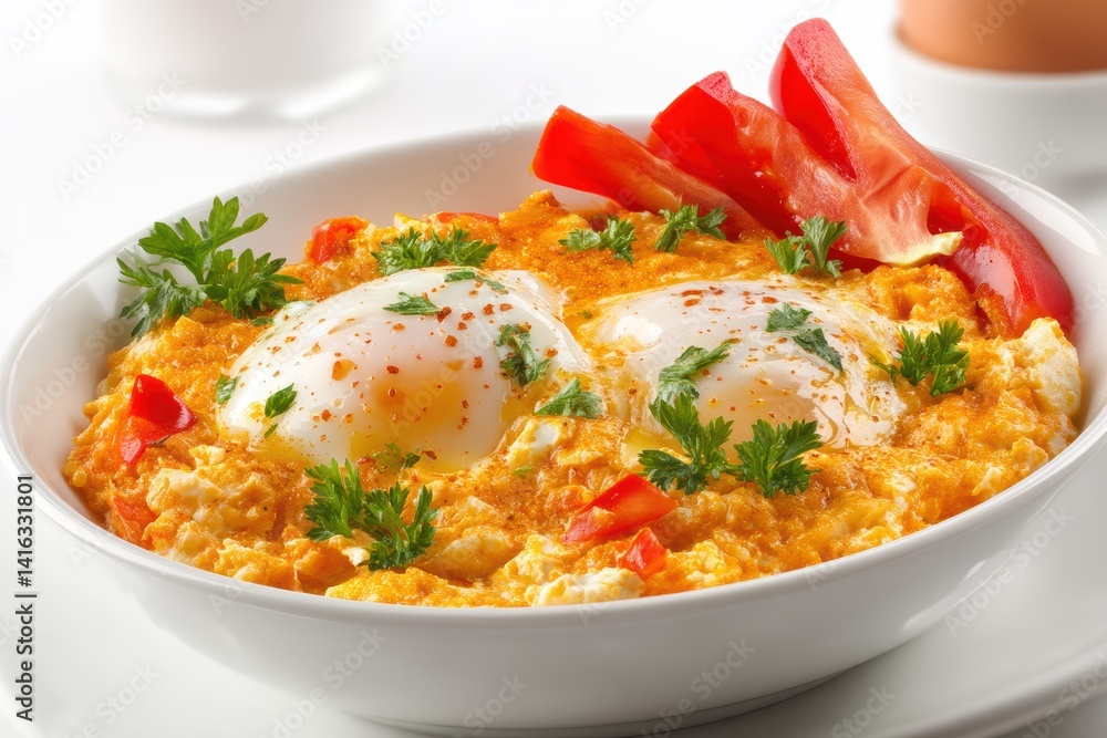 Close up view of delicious Shakshuka with poached eggs and fresh parsley, bell pepper in white ceramic bowl, food styling Close up view of delicious Shakshuka with poached eggs and fresh parsley, bell pepper in white ceramic bowl, food styling