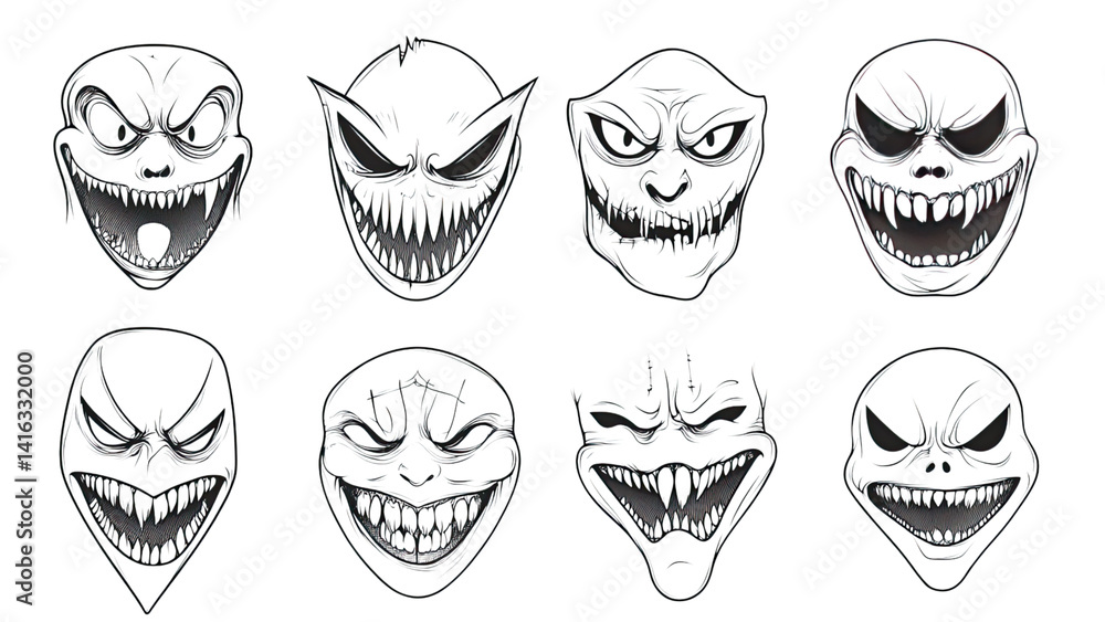 Eight Terrifying Evil Masks Graphic Design Halloween Collection Spooky Scary Faces Illustrations Eight Terrifying Evil Masks Graphic Design Halloween Collection Spooky Scary Faces Illustrations