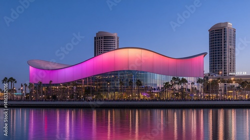 Illuminated Long Beach Convention Center at dusk with water reflections