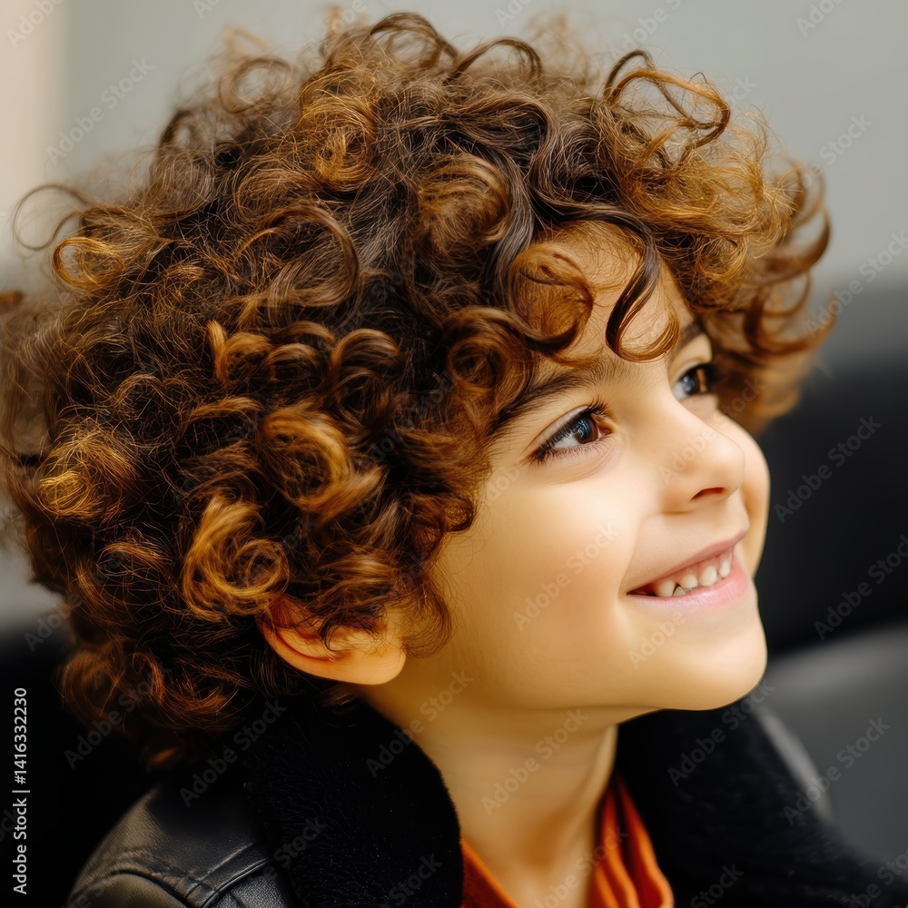 Fototapeta premium Captivating Portrait of a Joyful Young Boy with Curly Hair Looking Upward with Optimism and Innocence Charming Smile