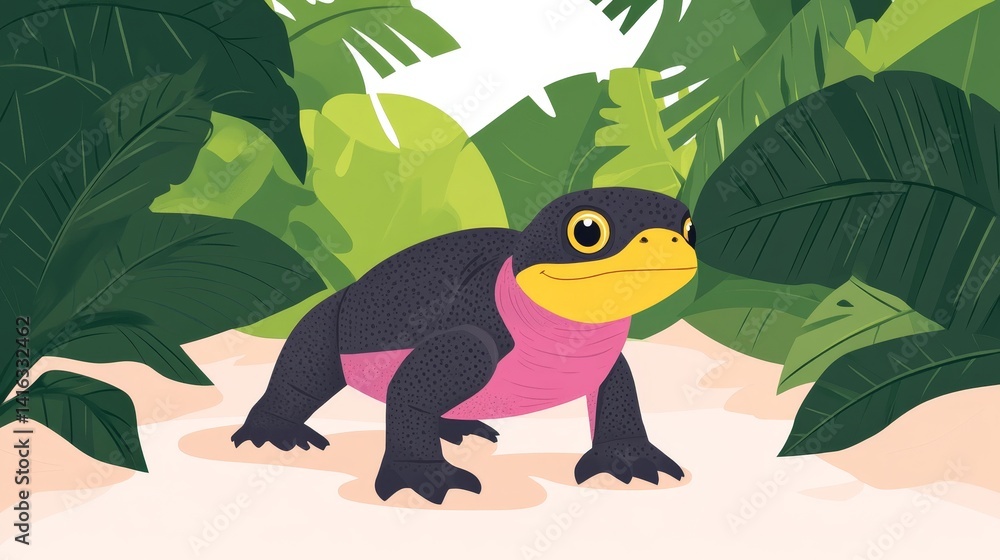 Fototapeta premium Pixelated Sapo Gardener, charming illustration of a pink-necked sapo gardener, depicted with retro gaming aesthetics and lush tropical foliage art concept, vibrant and simple