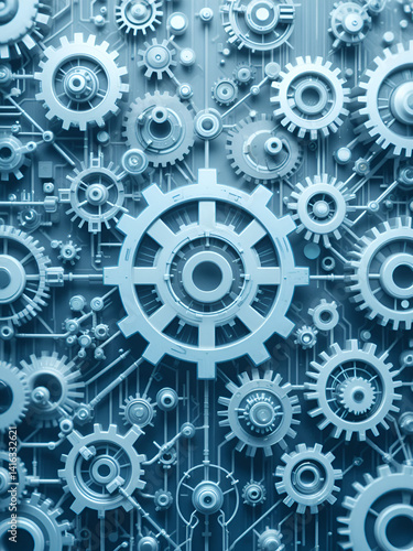 Wallpaper Mural A network of interconnected gears symbolizes technology, innovation, and automation, showcasing intricate designs in a soft blue color palette. Torontodigital.ca
