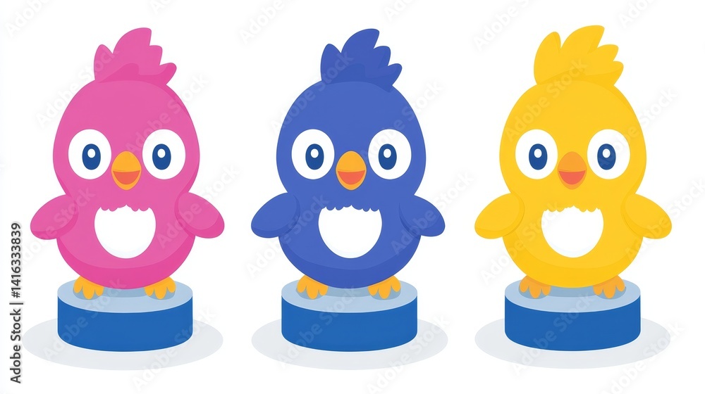 Fototapeta premium Pixelated trio of vibrant avian characters stand ready for use in gaming interfaces and educational resources fostering bright and engaging designs