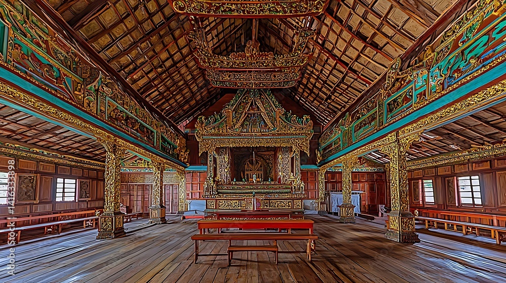 Obraz premium Ornate wooden interior of a traditional Asian temple.