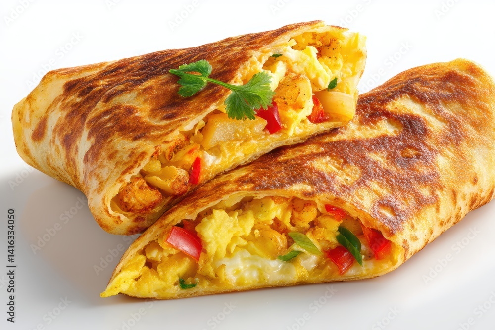 Delicious breakfast burrito with eggs potatoes and red pepper on white background studio food photography Delicious breakfast burrito with eggs potatoes and red pepper on white background studio food photography